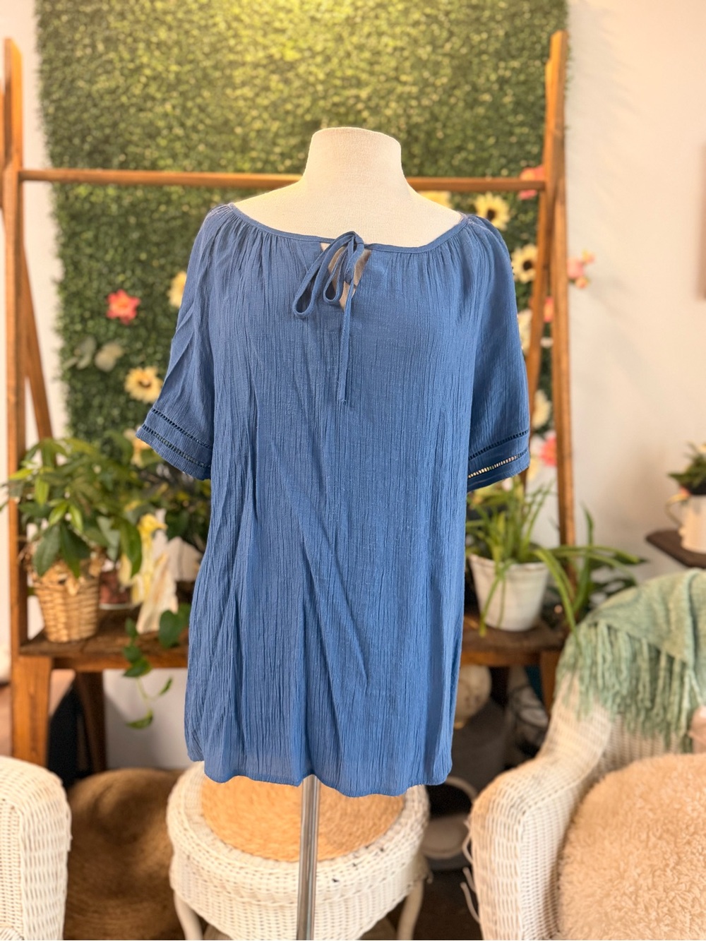 CJ Banks Indigo Blue Tie-Front Peasant Tunic